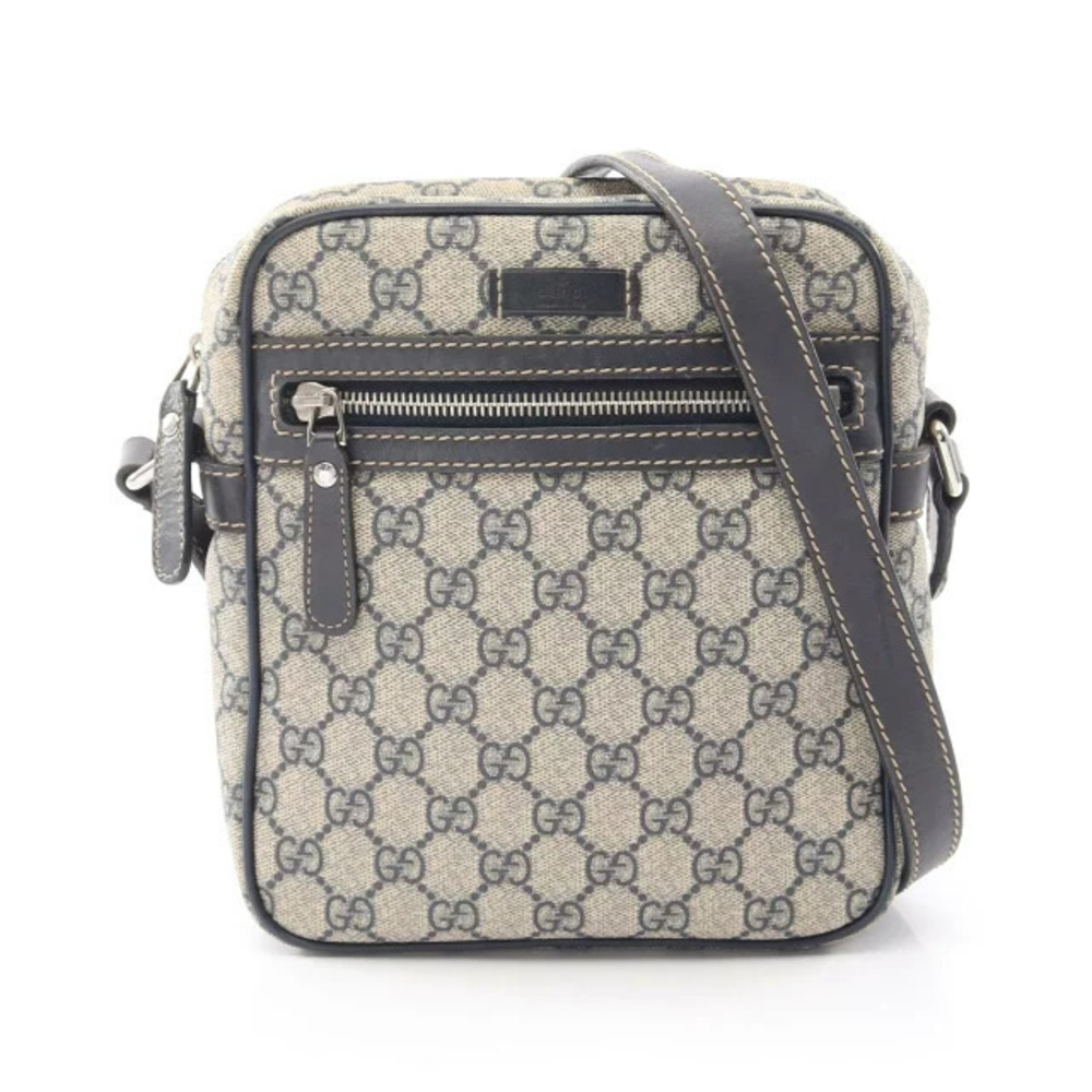 Gucci GG Supreme Shoulder Bag Canvas Leather Beige Cream Navy Blue